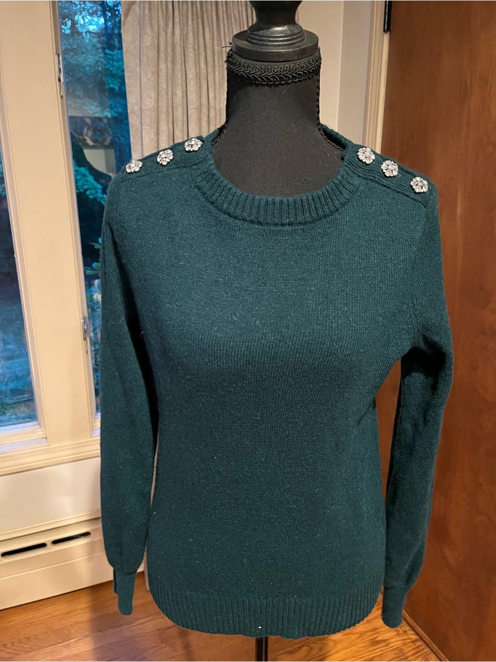 J. Crew Teal Crewneck Sweater with Jeweled Shoulder Buttons